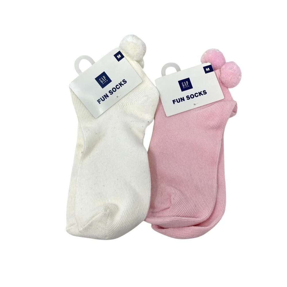 Vintage 2 Pack GAP Kids Fun Socks Pink Ivory Pom Poms Size M Shoe 13-2